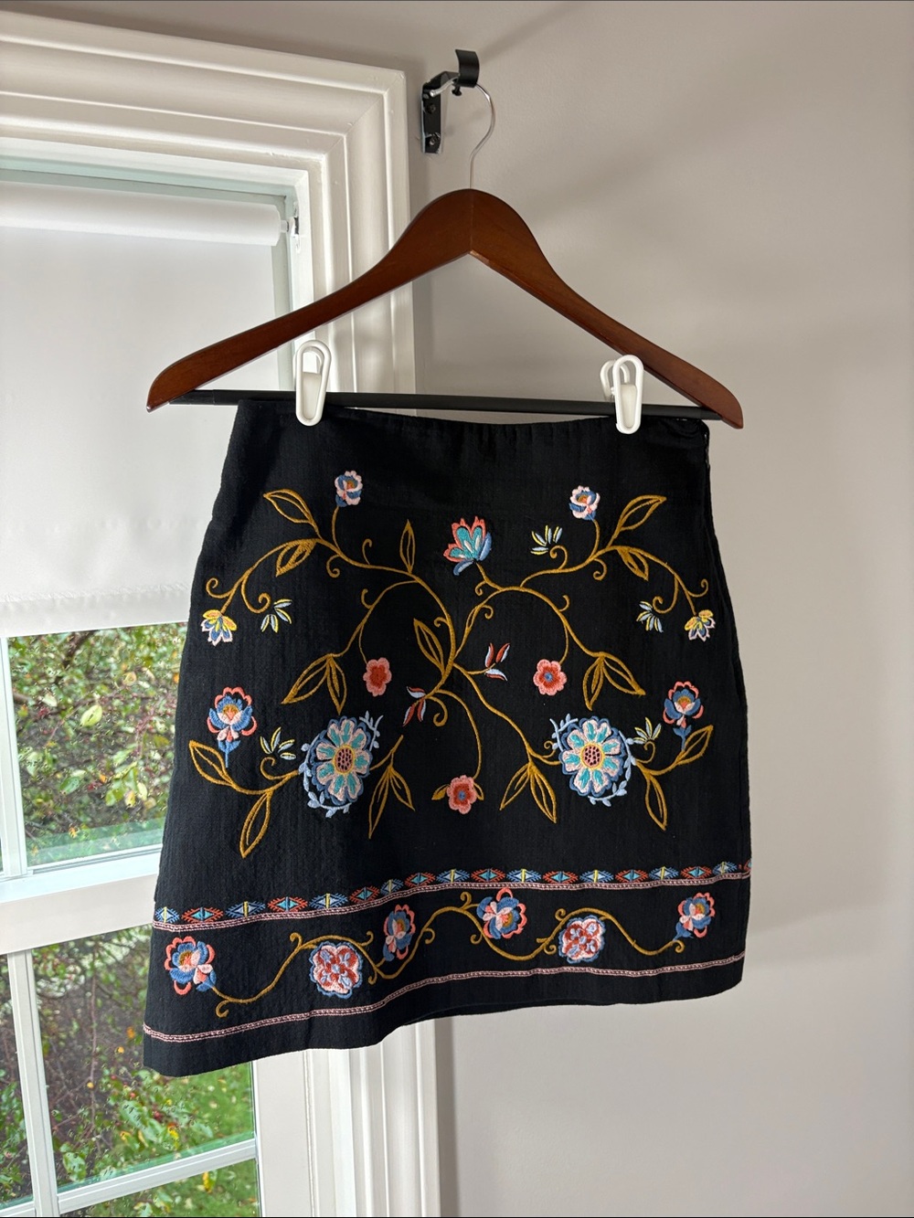 LOFT Black Mini Skirt with Multicolor Floral Embroidery